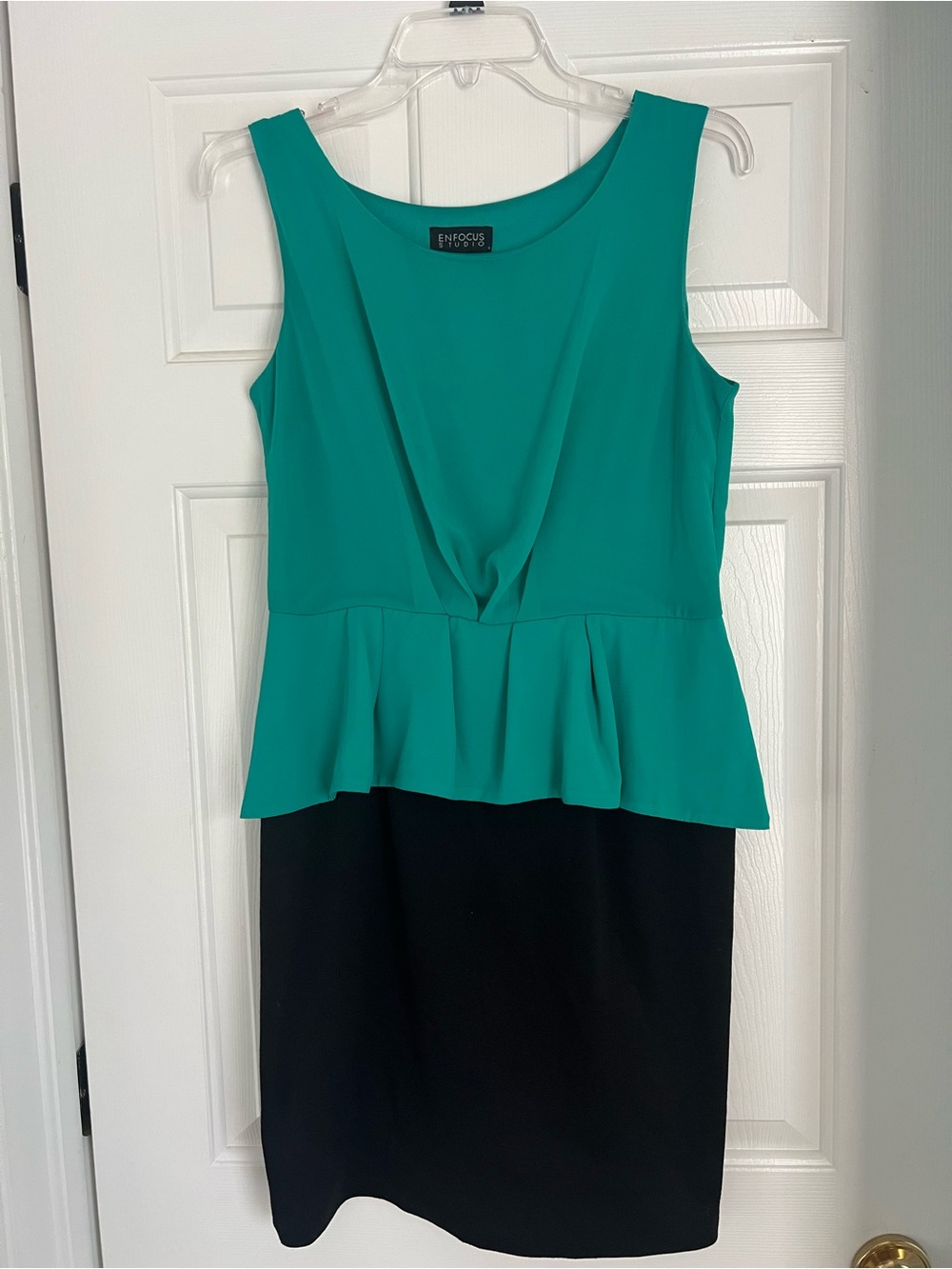 Enfocus Studio Teal Black Draped Peplum Dress Size 10